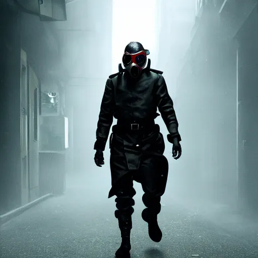 Image similar to hooden villain wearing a gas mask with red goggles, kamen rider, smoke coming out of his body and coat, dark background, in a dark alley, unreal engine 5, ultra realistic, detailed, fog, volumetric lighting, by greg rutkowski,