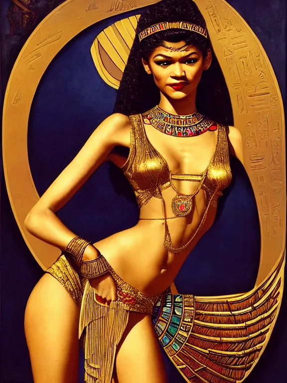 Prompt: zendaya as the Egyptian goddess bast, a beautiful art nouveau portrait by Gil elvgren, Nile river environment , centered composition, defined features, golden ratio, gold jewelry