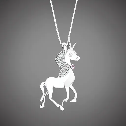 Image similar to a lovely silver cartoon unicorn necklace pendant, 3 d rendering, pandora style, tiffany style, swarovski style, van cleef & arpels style, cartier style, boucheron style, bulgari style, chaumet style, elegant, noble, stylish