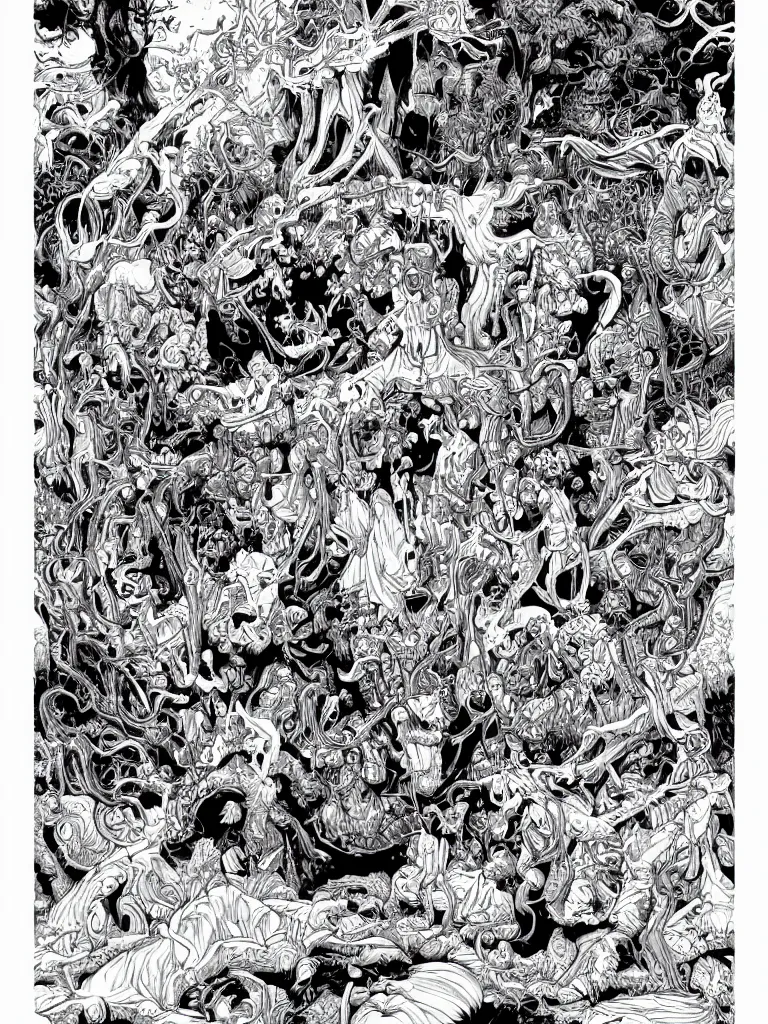 Image similar to a coloring page of a weird dream by James Jean and Dan Mumford and Strongstufftom and Adi Granov