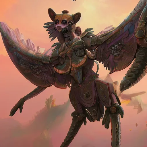 Prompt: the ancient world, hyper complexity, highly detailed, cinematic lighting, pastel colored sunrise, flying robotic racoon with gold metal huge wings on its back in the cloudy sky, sharp outlines, complete whole shrimp body, another sleeping racoon face in the clouds watching each other, hyperrealistic, trending on pixiv fanbox, love death robot,