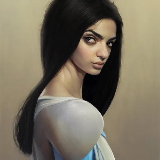 Image similar to greek ameera al taweel , blue eyes, black hair, beautiful face, white viel, Hyper-realistic, Highly Detailed, HD, by Brom, by beeple, studio ghibli, wallpaper, highly detailed, trending on artstation