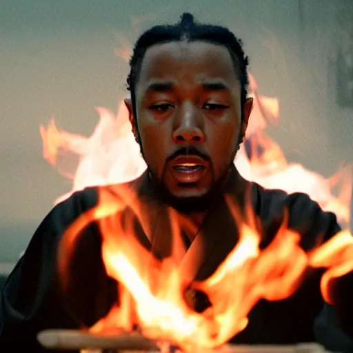 Image similar to cinematic film still of Kendrick Lamar starring as a Japanese Sensei with fire, Japanese CGI, VFX, 2003, 40mm lens, shallow depth of field, film photography