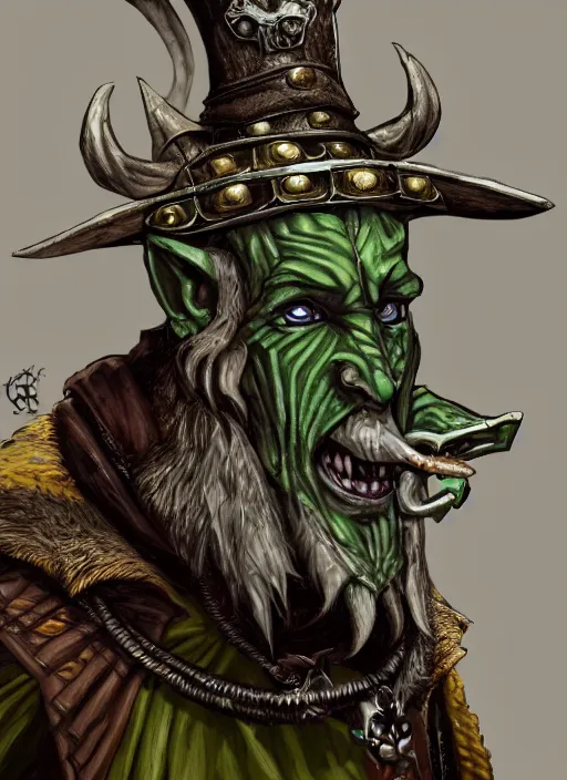 Image similar to a skaven from warhammer fantasy with a gray beard, wearing jewelry, tricorne hat, green robe, mean, dark tones, warlock, d & d, digital art, detailed face, highly detailed, trending on artstation, realistic