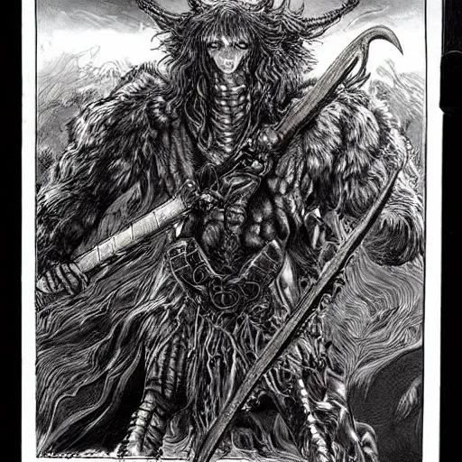 Prompt: arnold swarchenegger with giant sword fights ugly demon, dark fantasy art by kentaro miura, gustave dore, jean giraud, philippe druillet