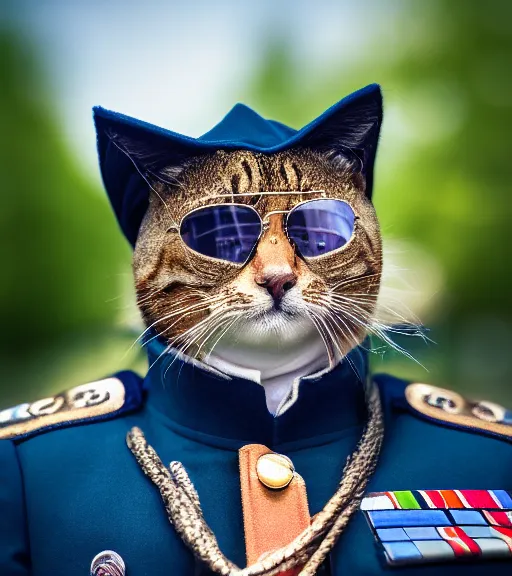 Image similar to award winning 5 5 mm close up portrait color photo of an admiral cat in full military outfit and aviators, in a park by luis royo. soft light. sony a 7 r iv