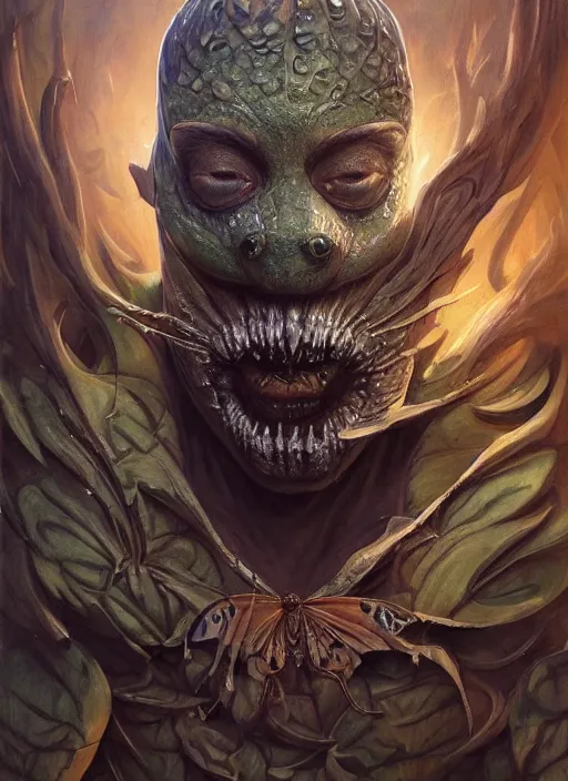 Prompt: butterfly mf doom reptile eyes, luminescent skin. intricate, elegant, highly detailed, centered, digital painting, artstation, concept art, smooth, sharp focus, illustration, artgerm, tomasz alen kopera, peter mohrbacher, donato giancola, joseph christian leyendecker, wlop, frank frazetta