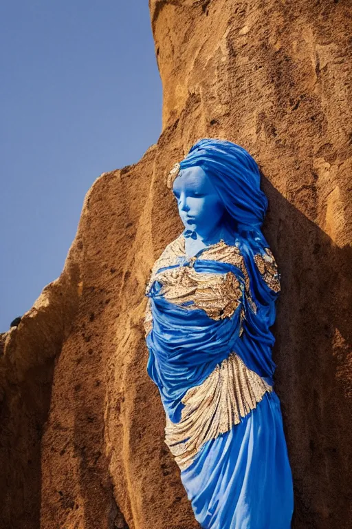 Prompt: goddess made of long blue cloths, in the sky, photo real, 5 0 mm,