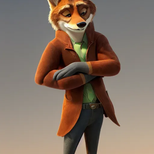 Prompt: portrait, 3 d render, anthropomorphic coyote male, wearing along brown leather maxi coat, holding a gun, in the style of zootopia