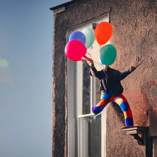 Image similar to photo of a clown on top of a house with a balloon in his left hand, taken with canon eos - 1 d x mark iii, bokeh, sunlight, studio 4 k
