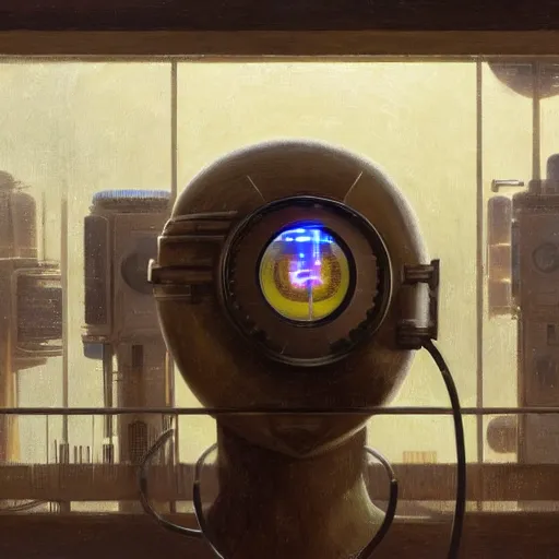 Image similar to detailed face of a synthetic sentient super - intelligent humanoid with nixie tube eyes warming up, warm space, rammed earth courtyard, cool skydome, fresh atmosphere, grant wood, syd mead, livia prima, greg rutkowski, pj crook, nick alm, casey baugh