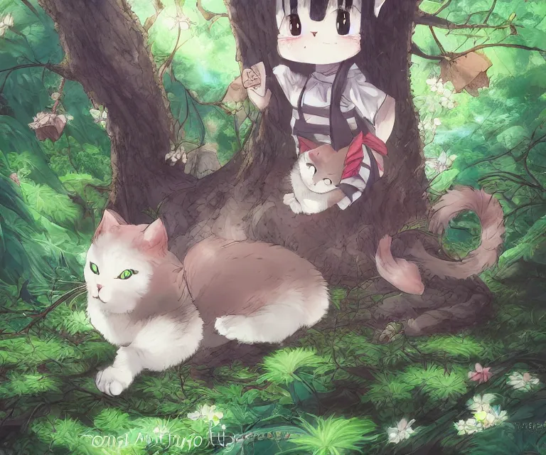 Image similar to kawaii cat in a forest, anime fantasy illustration by tomoyuki yamasaki, kyoto studio, madhouse, ufotable, comixwave films, trending on artstation