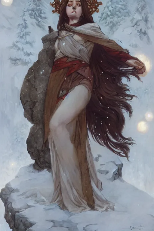 Image similar to goddess of winter solstice, only two hands, highly detailed, digital painting, artstation, concept art, smooth, sharp focus, illustration, unreal engine 5, 8 k, art by artgerm and greg rutkowski and edgar maxence and alphonse mucha