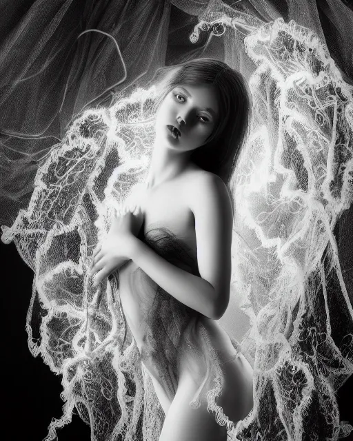 Image similar to surreal mythical dreamy dark artistic black and white fine art photo of a beautiful young female angel - mermaid - cyborg covered with translucent algae lace web, rim light, cinematic, studio dramatic light, poetic, octane render, 8 k, photo - realistic, by floria sigismondi