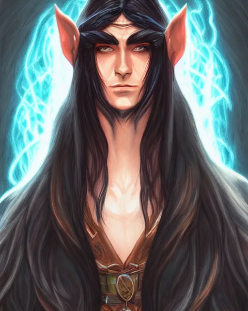 Prompt: multicolor drawing of elven boy mage with long black hair by artgerm city fantasy 4 k ultra high resolution