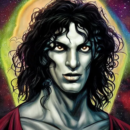 Prompt: An epic fantastic realism comic book style full shot painting of the Sandman, aka Dream, Hypnos, the endless, son of the night, son of time, the cosmic being who controls all dreams, Gothic, beautiful black hair, natural hair, good bone structure, sophisticated well rounded face, bright glowing eyes as LEDs, Lean Body, porcelain looking skin, standing tall invincible, Cosmos in the background, Dark Fantasy, twilight, unreal engine 5, DAZ, hyper-realistic, octane render, symmetrical, attention to detail, Studio 4°C, vibrant bright colours, high saturation,extremely moody lighting, glowing light and shadow, atmospheric, cinematic, intricate, 8K, stunning, breathtaking, awe-inspiring. award-winning, concept art, nouveau painting, trending ArtStation