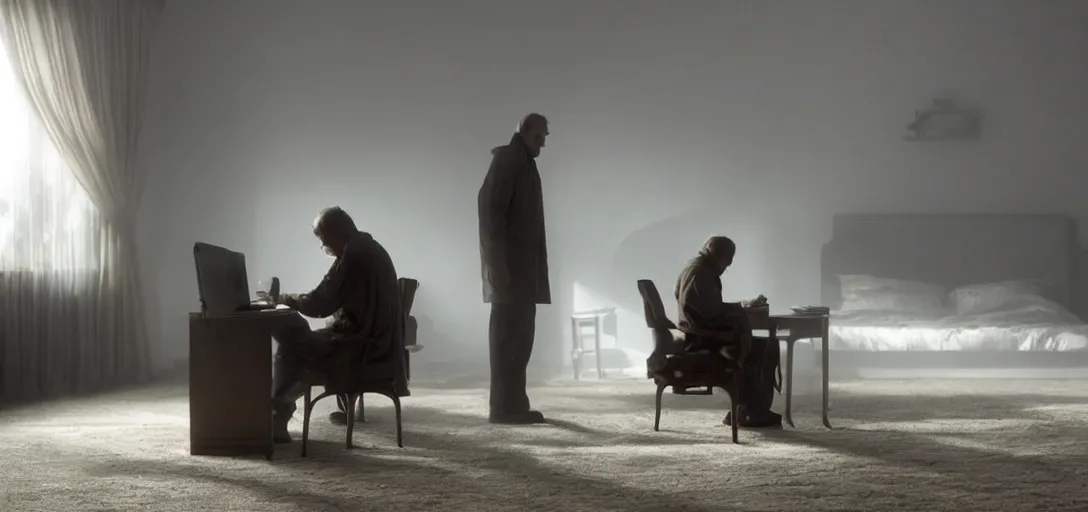 Image similar to an isolated man sitting at his computer in his bedroom, foggy, cinematic shot, photo still from movie by denis villeneuve, wayne barlowe