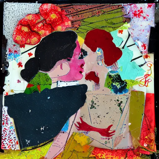 Image similar to two women kissing at a carnival in spring, mixed media collage, retro, paper collage, magazine collage, acrylic paint splatters, bauhaus, claymation, layered paper art, sapphic visual poetry expressing the utmost of desires by jackson pollock