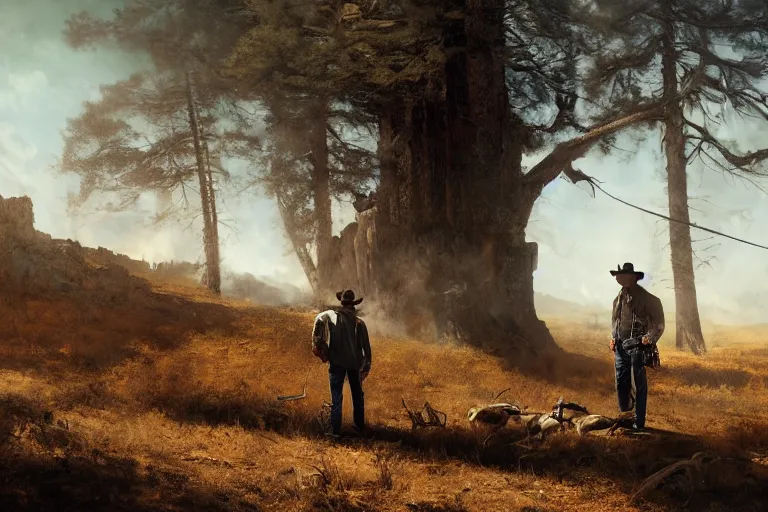 Image similar to an ultradetailed image of dean winchester as an old west gunfighter shooting at a charging wendigo, ultrawide lens, aerial photography, masterpiece, 8 k, art by greg rutkowski and albert bierstadt