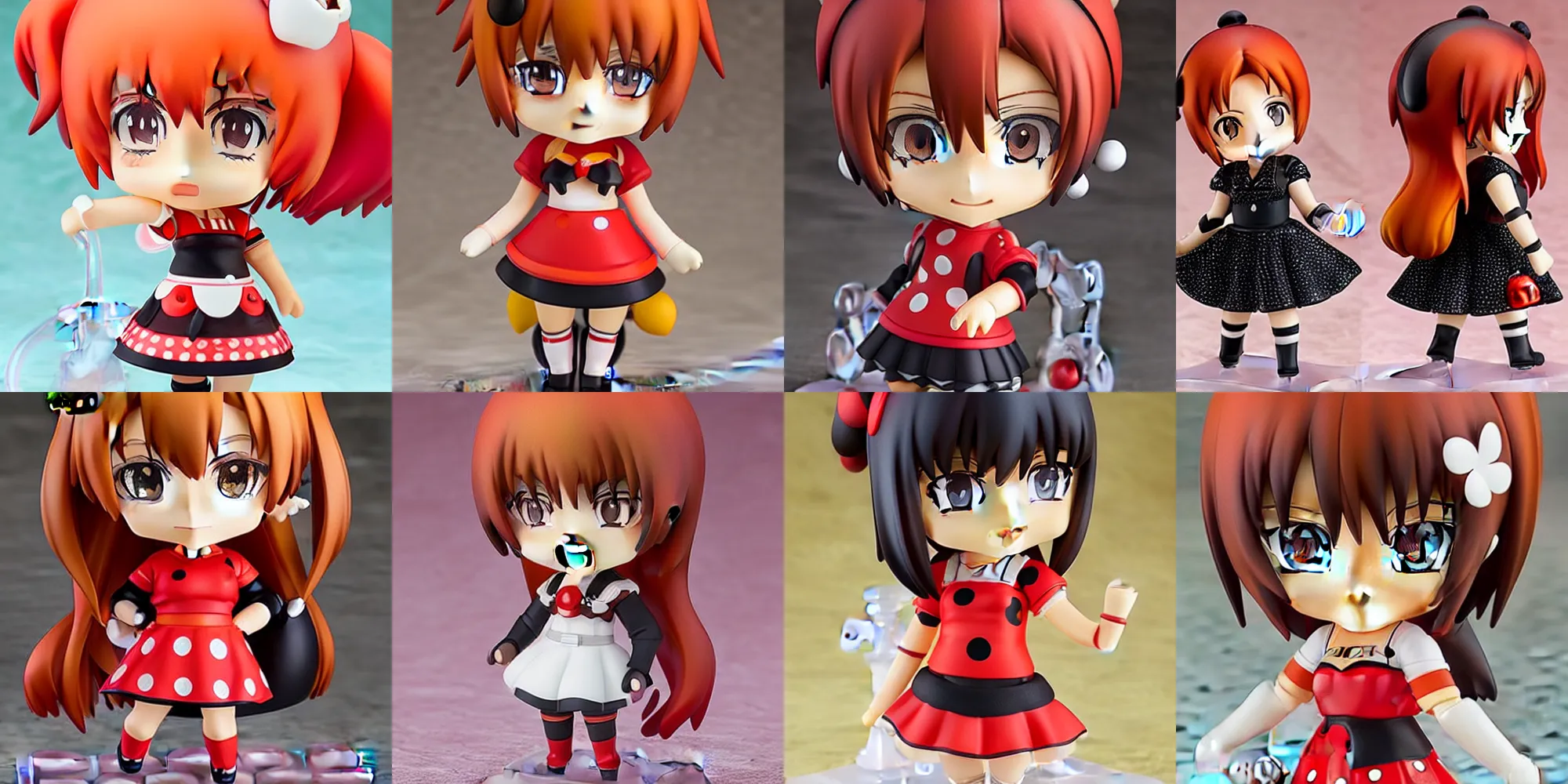 Prompt: an anime nendoroid of a ladybug gijinka with red hair and space buns wearing a polka dot top and black skirt, figurine, detailed product photo