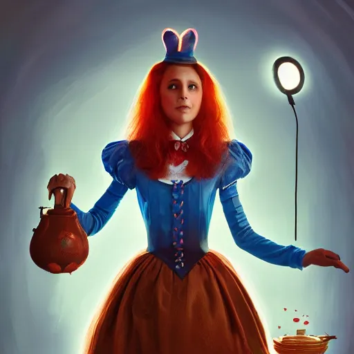 Prompt: A portrait of Alice in Wonderland, huggy wuggy from poppy playtime video game, fullbody, ultra high detailed, glowing lights, oil painting, Greg Rutkowski, Charlie Bowater, Beeple, unreal 5, DAZ, hyperrealistic, octane render, RPG portrait, dynamic lighting, fantasy art, beautiful face