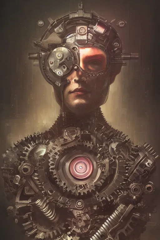 Image similar to portrait of a man made of a gears, by artgerm, tom bagshaw, gerald brom, vaporwave colors, lo fi colors, vaporwave, lo fi, moody vibe, goth vibe, 4 k, hd,