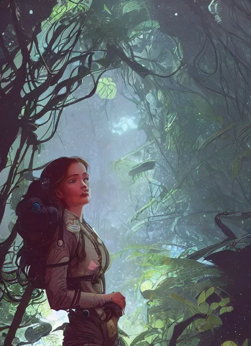 Prompt: a beautiful female astronaut exploring a magical rain forest, D&D, fantasy, intricate, cinematic lighting, highly detailed, digital painting, artstation, concept art, smooth, sharp focus, illustration, art by Terry Moore and Greg Rutkowski and Alphonse Mucha