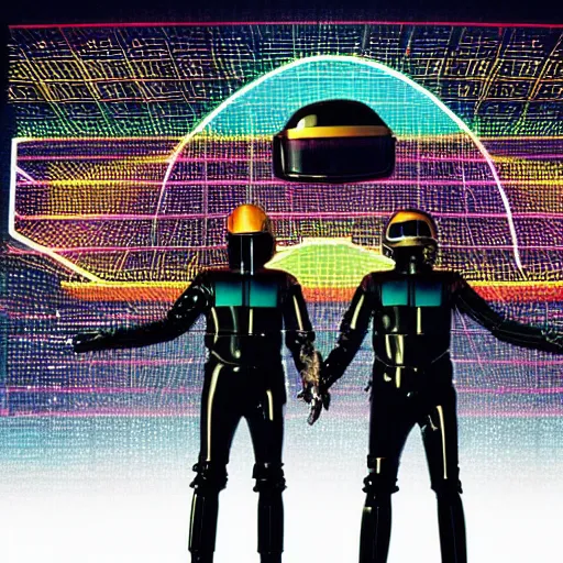 Image similar to daft punk standing in front of a gigantic robot army, cyberpunk futuristic alien landscape, weird plants, banners covered with alien writing glyphs, by Małgorzata Kmiec