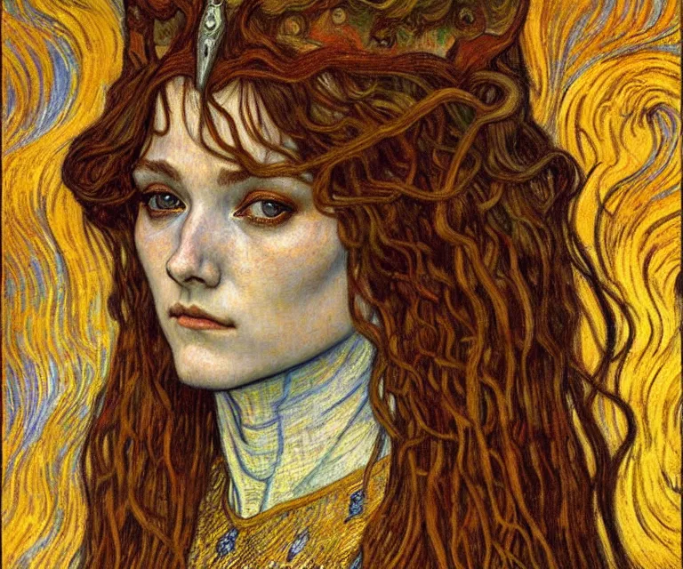 Image similar to detailed realistic beautiful young medieval queen face portrait by jean delville, gustav klimt and vincent van gogh, art nouveau, symbolist, visionary, gothic, pre - raphaelite, muted earthy colors, desaturated