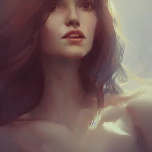 Prompt: portrait of a woman with a sharp chin, light smile, beautiful, gorgeous, long wavy hair, greg rutkowski, artstation