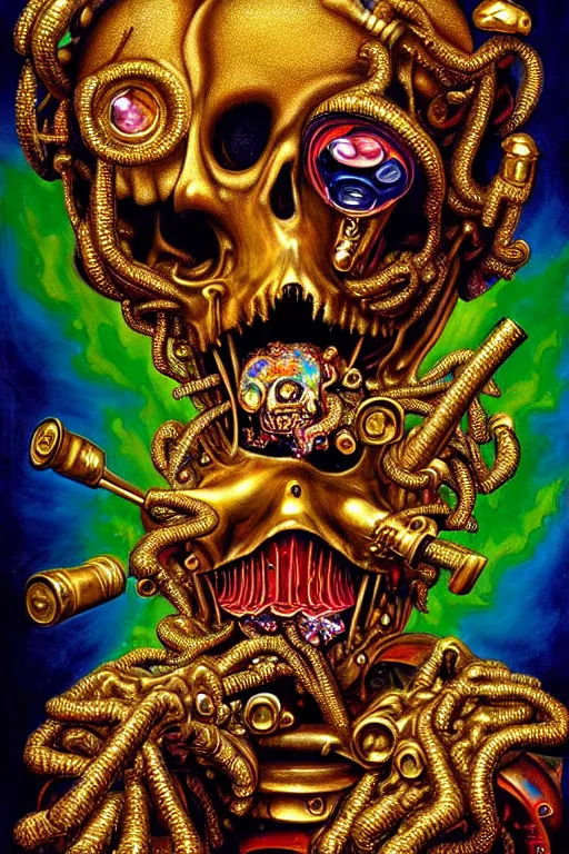 Prompt: a hyperrealistic painting of a ornate jewel embellished gold death machine spewing chunks out of a wood chipper, cinematic horror by chris cunningham, lisa frank, richard corben, highly detailed, vivid color,