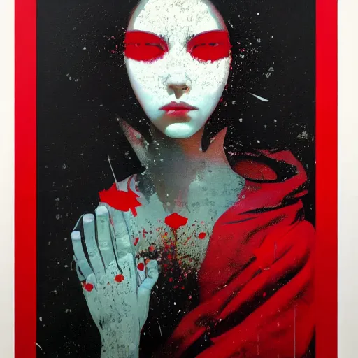 Image similar to portrait of a daydreaming melancholic latin woman in red monk habit being progressively rasterized into pixels from another world, she is surrounded by digital birds, oil on canvas game poster by yoji shinkawa, esao andrews, dave mckean and stina persson