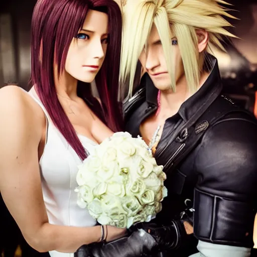 Prompt: Tifa Lockhart and Cloud Strife from Final Fantasy VII Remake in a wedding, shot on iphone, hyperdetailed