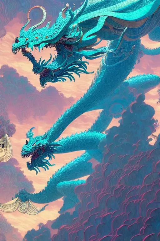 Image similar to a beautiful hyperdetailed character design 4 k wallpaper illustration of a huge cyan dragon, victo ngai style, from china, style of studio ghibli, makoto shinkai, raphael lacoste, louis comfort tiffany, denoise, deblurring, artgerm, xision, james jean, ross tran, chinese style