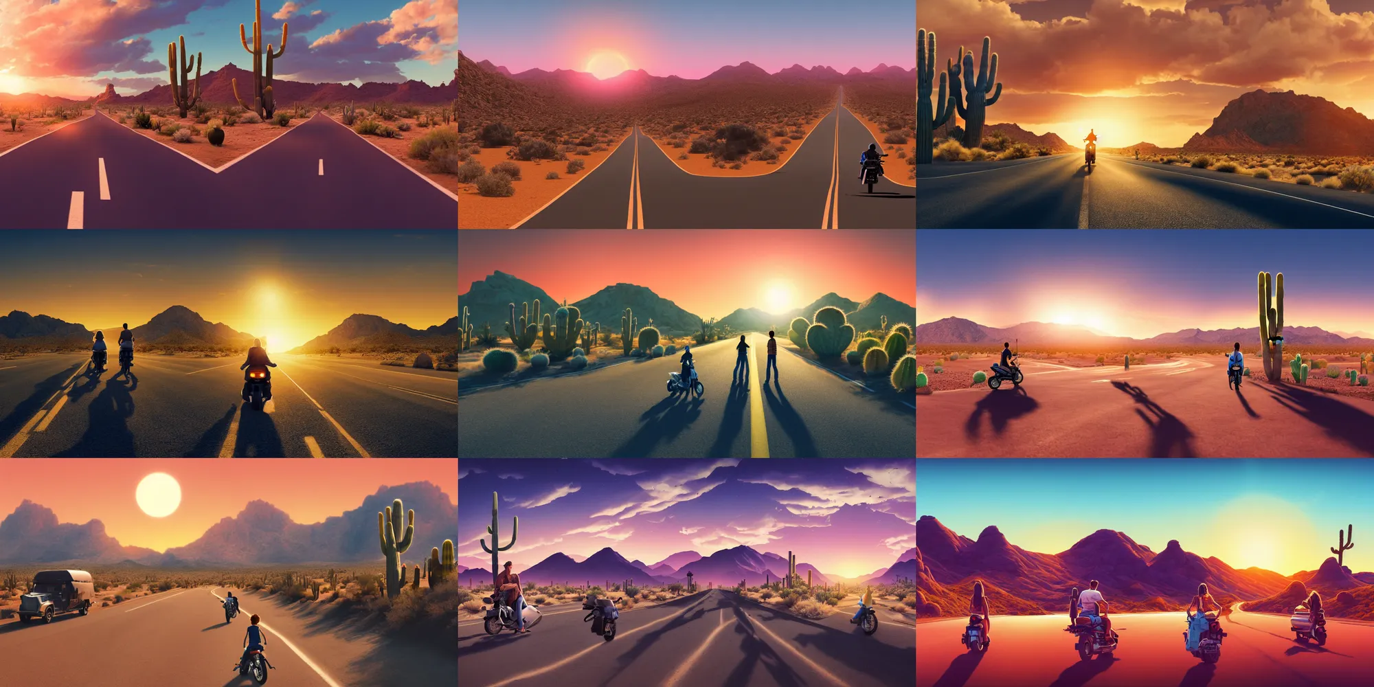 Prompt: road california desert, sunset, blue sky, cactus, high detailed, boy and girl riding motorbike in center of frame, drive out, realistic photo, by inspired by greg rutkowski, android jones, beeple, rhads, shaun tan, frostbite 3 rendered, octan render, maya