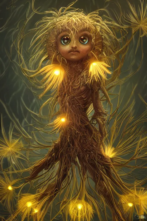 Prompt: a glowing humanoid figure dandelion monster with large eyes, highly detailed, digital art, sharp focus, trending on art station, artichoke, anime art style