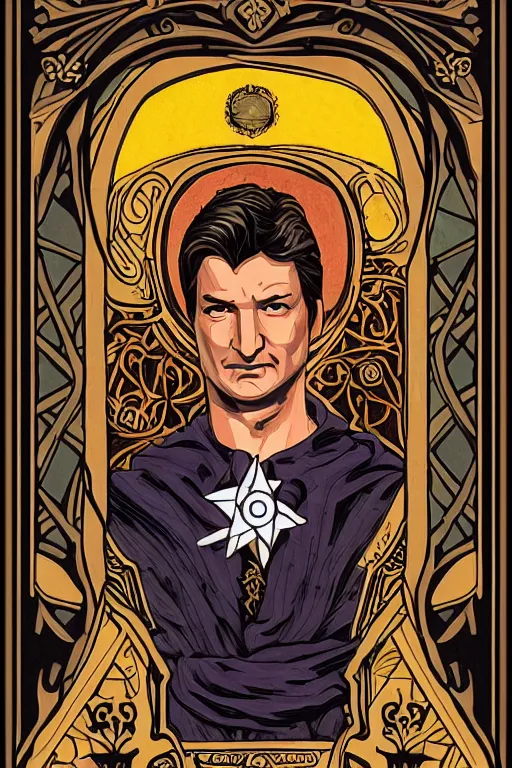 Prompt: Nathan Fillion tarot card, art nouveau style, ornate borders, intricate details, trending on artstation