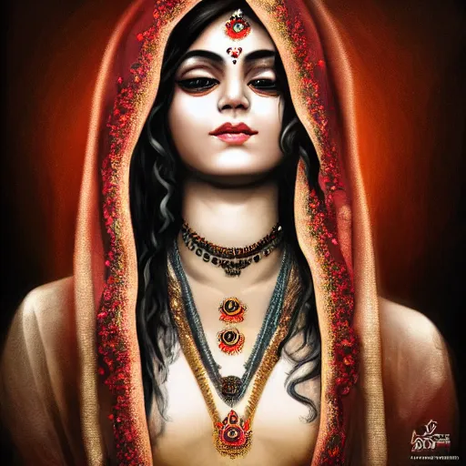 Image similar to beautiful Hindu lady of the dark with veil, cover with blood, horror, soft light, realistic, photorealistic, ultra detailed, high definition, full HD, 8k