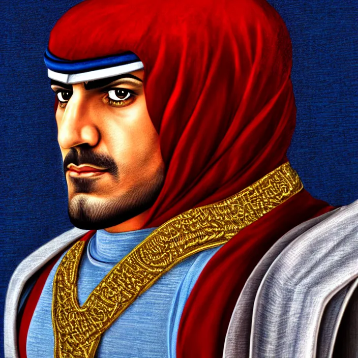 Image similar to portrait, captain falcon as sheik mohammad ruler of dubai, head and torso only, masterpiece, medieval arabia, sharp details, hd, 4 k