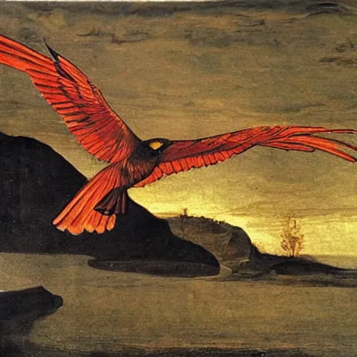 Prompt: Phoenix bird flying above a frozen lake painted by Caravaggio. High quality.