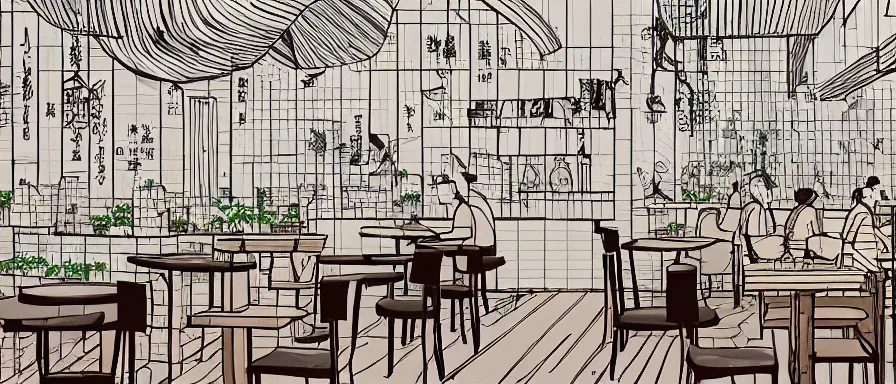 Image similar to a beautiful interior view illustration of a small roasted string hotpot restaurant of baota mountain in yan'an city, animation illustrative style, from china, restaurant wall paper is a tower on a mountain, rectangle white porcelain table, black chair, simple style structure decoration design, victo ngai, james jean, 4 k hd