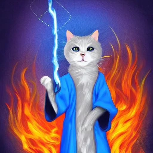 Prompt: A cat wizard wearing blue robes casting a fire spell, digital art