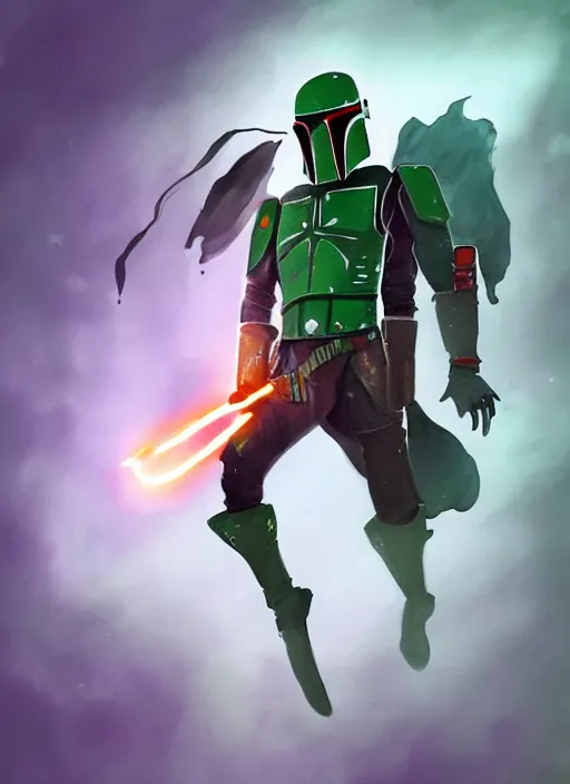 Image similar to arcane wizard x boba fett, digital art, character mashup, epic volumetric lighting, combination art