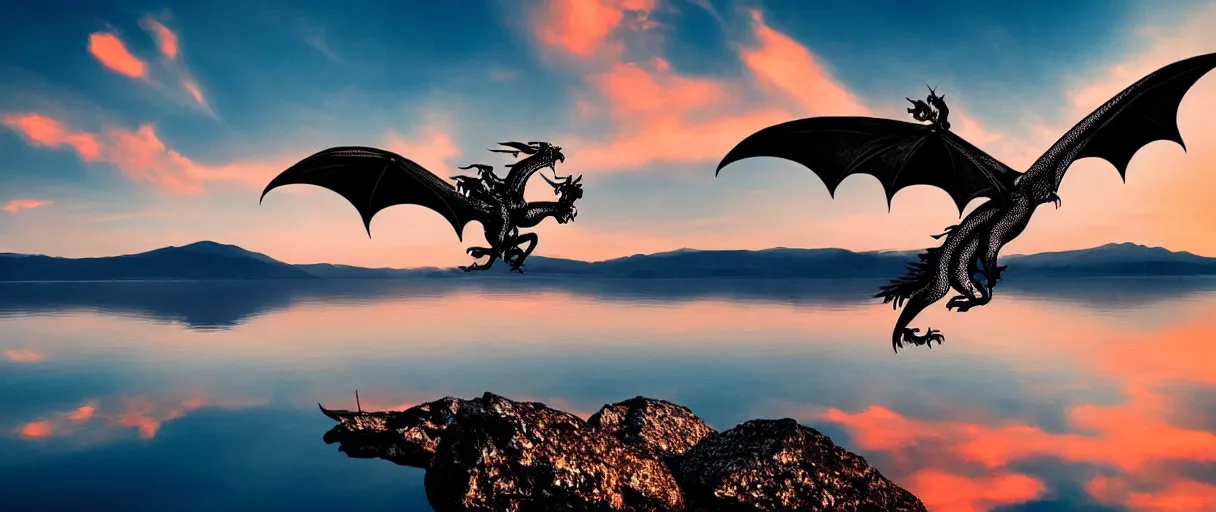 Prompt: dragon flying over a lake, silver scales, sunset, colorfull