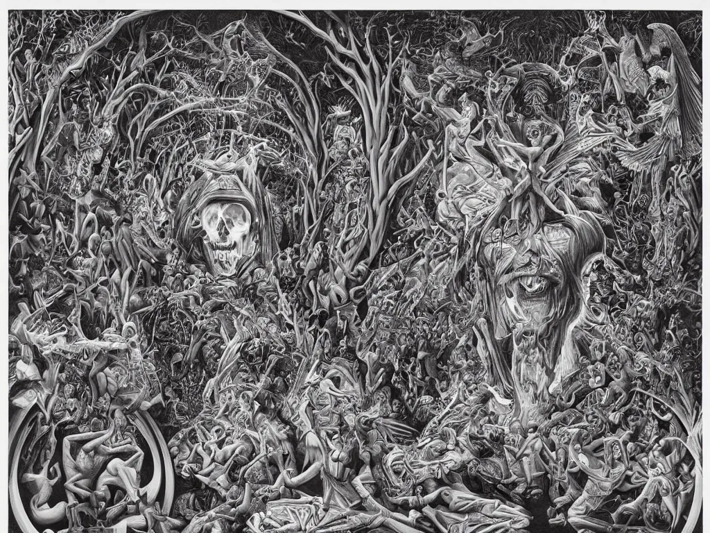 Image similar to meditation on death by Alex Grey and M. C. Escher collaboration