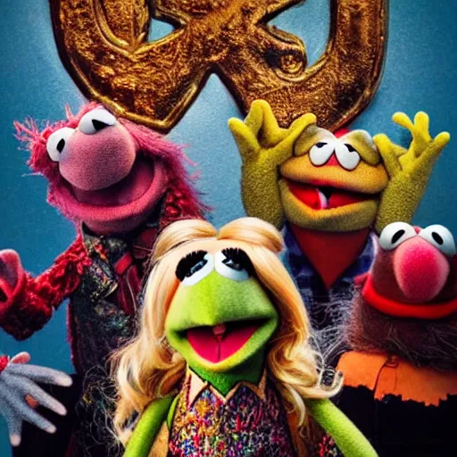 Image similar to the muppets in a satanic heavy metal band, 4k, high detail, high-resolution photograph, professional photography, ultra-detail