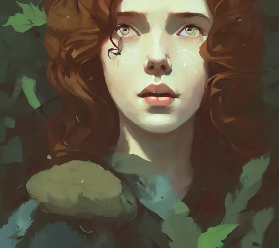 Image similar to portrait woman with long ginger curly hair in the woods, by atey ghailan, by greg rutkowski, by greg tocchini, by james gilleard, by joe fenton, by kaethe butcher, by ashley wood, dynamic lighting, gradient light blue, brown, blonde cream and white color scheme, grunge aesthetic