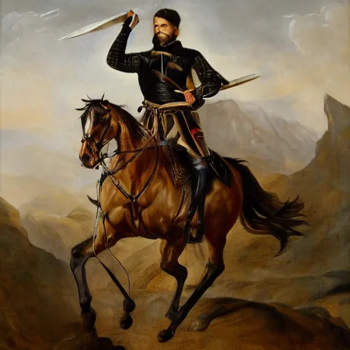 Prompt: large portrait oil on canvas of a man mounted on horseback black while raising a sword with his right hand pointed north, behind him in the vast distance 1 0 0 0 0 warriors can be seen fighting with swords and muskets, low light, cloudy, mountains in the foggy background,