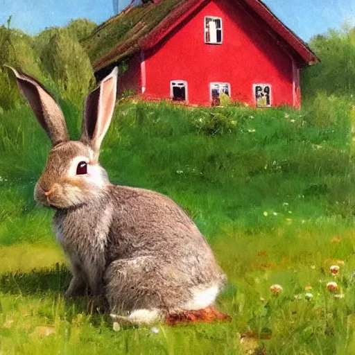 Image similar to a rabbit sitting in front of a swedish red cottage, in the style of anders zorn