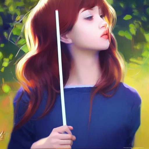 Image similar to oil painting by ilya kuvshinov,, baugh casey, rhads, coby whitmore, of a youthful japanese beauty, long hair, holding lolipop, outdoors, highly detailed, breathtaking face, studio photography, dawn, intense subsurface scattering, blush, supple look, innocence, intense sunlight